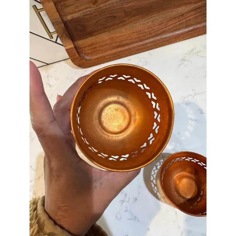 Pair of polished copper-heart cutout border 90s tea light candle holders Vintage